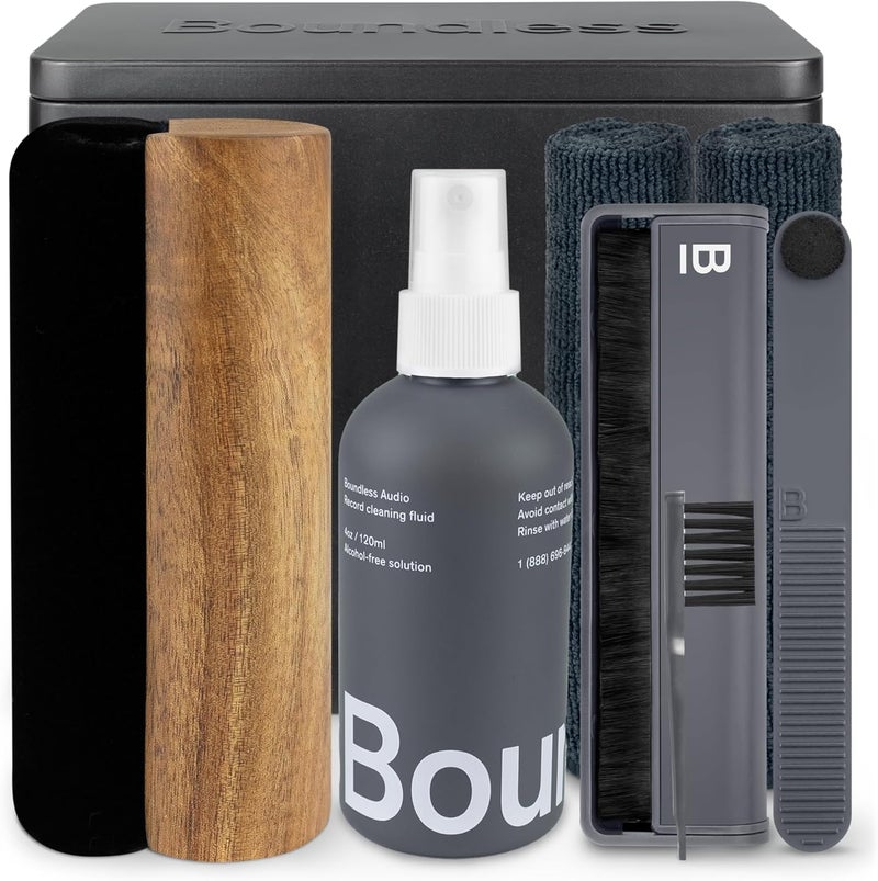 Boundless Audio Vinyl Record Cleaning Kit - 8-in-1 Vinyl Cleaner Kit Includes Carbon Fiber & Velvet Record Brushes, Stylus Brush, Cleaning Solution, Microfiber Cloths & Metal Case - Image 1